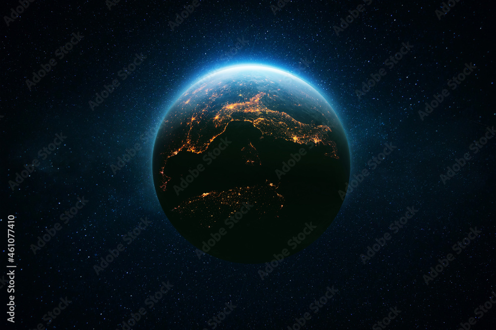 Amazing beautiful blue planet Earth with bright night city lights in starry space. Life Concept. Civilization. Space Wallpaper. - obrazy, fototapety, plakaty 