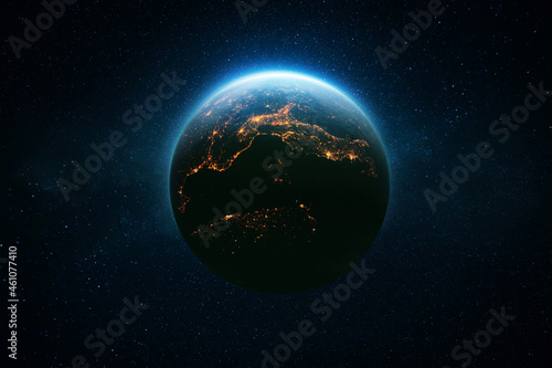Fototapeta Naklejka Na Ścianę i Meble -  Amazing beautiful blue planet Earth with bright night city lights in starry space. Life Concept. Civilization. Space Wallpaper.