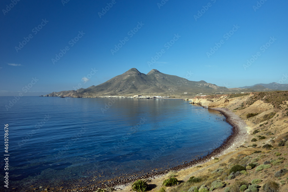 View of the mountains on the seascape of Cabo de Gata in Almería