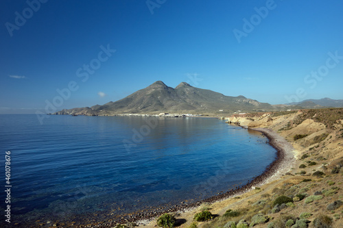 View of the mountains on the seascape of Cabo de Gata in Almer  a