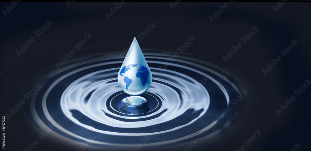 World map inside waterdrop over water ripple in dark background, Last drop of water of our world, water saving day concept World map inside waterdrop over water ripple in dark background, Last drop of water of our world, water saving day concept