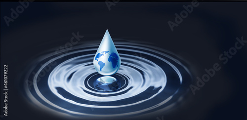 World map inside waterdrop over water ripple in dark background, Last drop of water of our world, water saving day concept