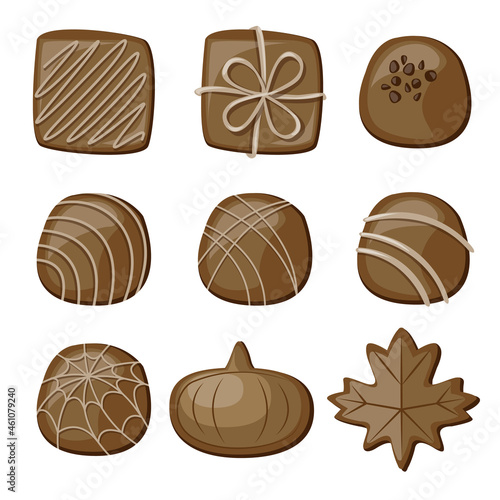 Vector set of chocolates with different decoration elements isolated on white background.