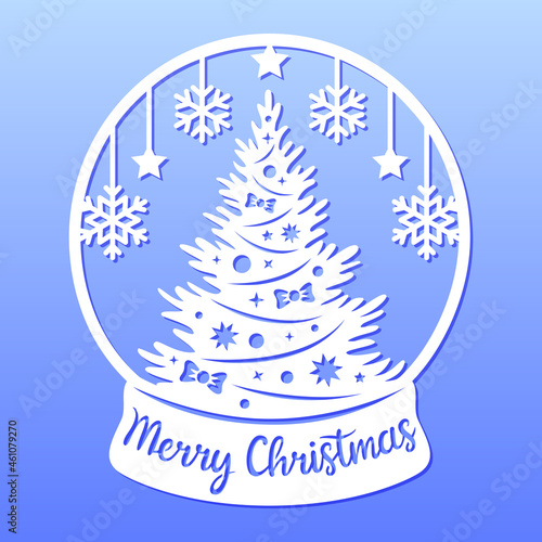 Snow globe with christmas tree,snowflakes,stars. Merry Christmas phrase. Holidays symbols. Paper or laser cut template. Vector illustration. For postcard, window and wall decorations.