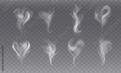 Realisitc set with steam smoke different shapes on gray background. Abstract fume waves or white vapor from coffee or tea, hot food or drink, cigarette. Transparent elements for menu. Fog effect.