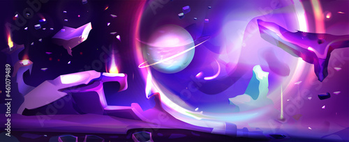 Space game cartoon in fantastic style on dark background. Planet earth with craters and cracks. Neon galactic sky with glowing moon and earth surface with rocks. Night alien fantasy landscape.
