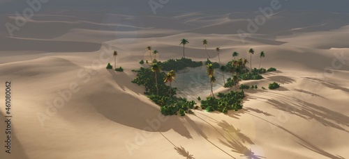Canvas Print Oasis, desert at sunset, oasis in the sand desert, palm trees in the sand near t
