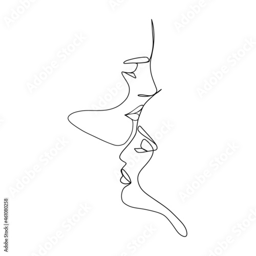 One line lovers drawing. Outline kiss art, abstract doodle two faces, man woman couple minimal fine line tattoo design. Vector illustration