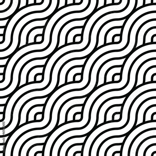 Abstract trendy waves with contour intertwined in black and white. Seamless modern pattern for stylish fabrics  decorative pillows  wrapping paper. Vector.