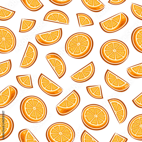 Vector Orange Seamless Pattern, square repeating background with group of sliced cartoon oranges, poster with cutout illustrations of different ripe citrus fruits on white background.