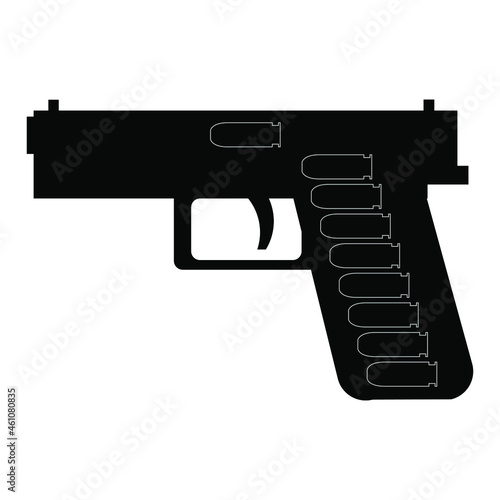 vector image of a black silhouette of a pistol with a loaded magazine and a cartridge chambered in section isolated on a white background. useful as an element of graphic and web design, print, poster