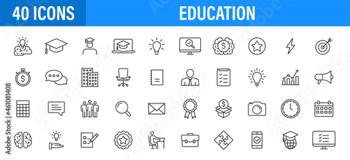 Set of 24 Education and Learning web icons in line style. School, university, textbook, learning. Vector illustration