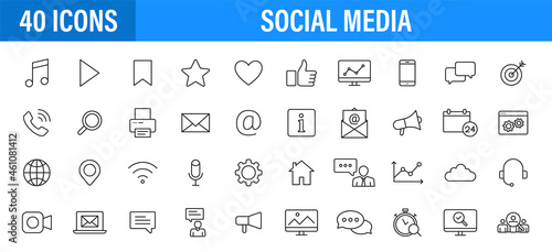 Set of 24 Social Media icons in line style. Contact, digital, social networks, technology, website. Vector illustration