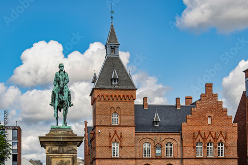 An equestrian statue of Christian IX stands on the market square in the center of Esbjerg. Designed in bronze by Ludvig Brandstrup, it was completed in 1899. Esbjerg, Syddanmark, Denmark, Europe photo