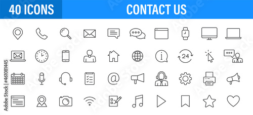 Set of 24 Contact Us icons in line style. Web and mobile icon. Chat, support, message, phone. Vector illustration