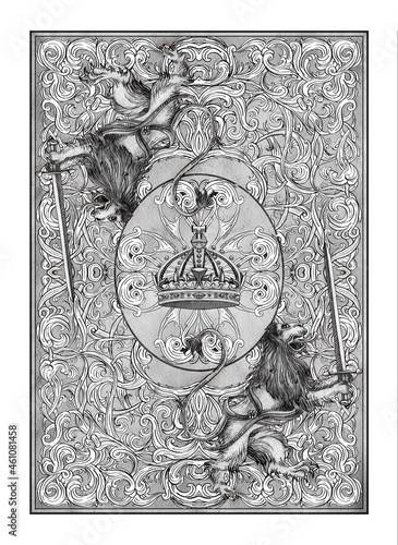 art, black and white, decoration, old, detail, design, style, pattern, sword, lion, crown, poker, card back, medieval, vintage, ornament, background, royal, ink (ID: 461081458)