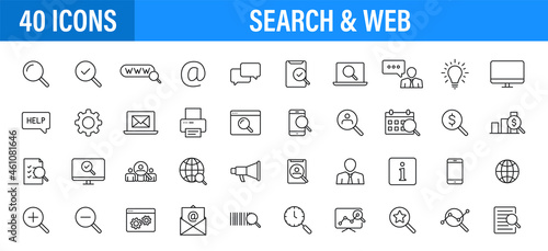 Set of 24 Search web icons in line style. SEO analytics, Digital marketing data analysis, Employee Management. Vector illustration