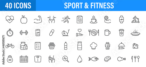 Set of 24 Sport and Fitness, healthy food web icons in line style. Soccer, nutrition, workout, teamwork. Vector illustration