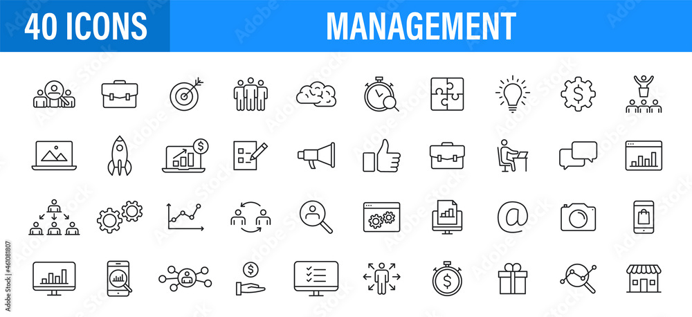 Set of 24 Management web icons in line style. Media, teamwork, business, planning, strategy, marketing Vector illustration Set of 24 Management web icons in line style. Media, teamwork, business, planning, strategy, marketing Vector illustration