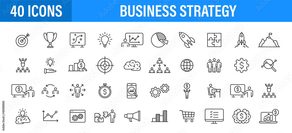 Set of 24 Business strategy web icons in line style. Startup, investment, financial, development, marketing, idea. Vector illustration