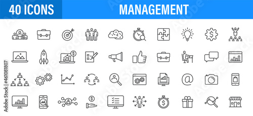 Set of 24 Management web icons in line style. Media, teamwork, business, planning, strategy, marketing Vector illustration