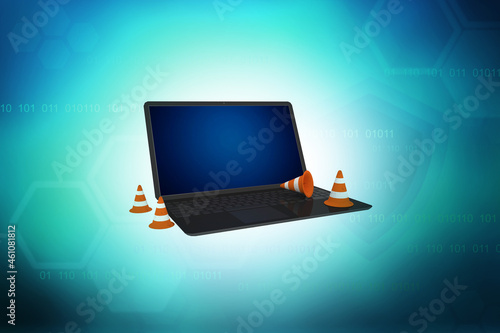 3d illustration traffic corn with laptop computer 