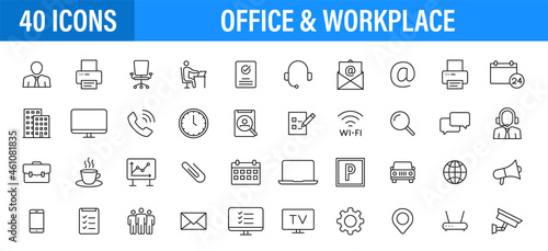 Set of 24 Office and workplace web icons in line style. Teamwork, workplace, coffee, work, business, employee. Vector illustration