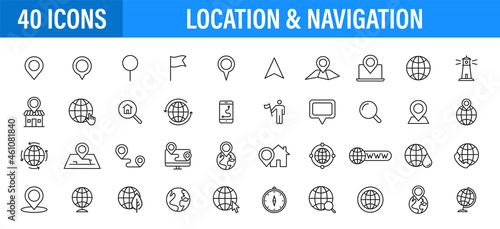 Set of 24 Navigation and location, map, globe web icons in line style. GPS, compass, global, marker, map, pointer Vector illustration