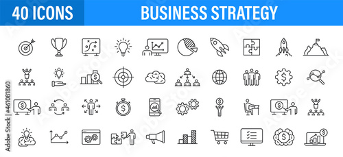 Set of 24 Business strategy web icons in line style. Startup, investment, financial, development, marketing, idea. Vector illustration