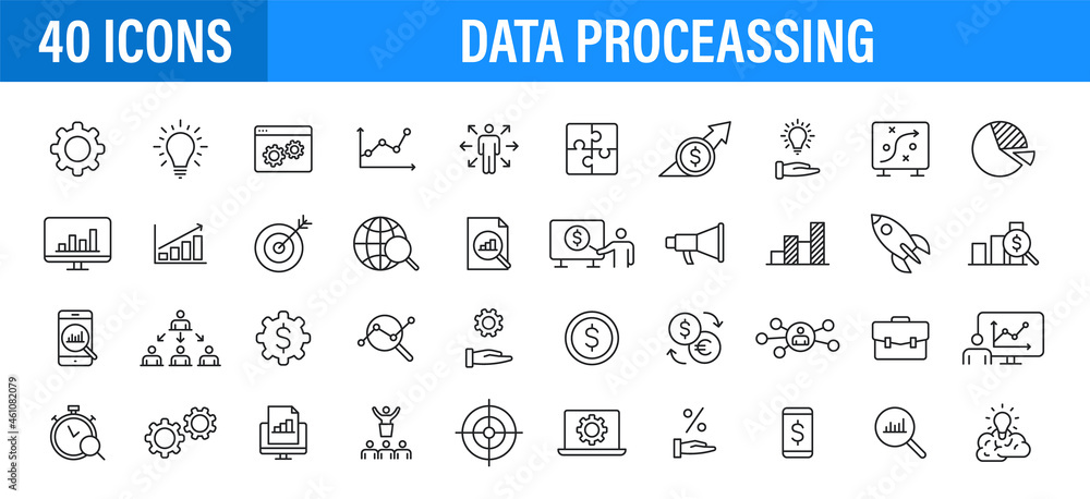Set of 24 Data Proceassing web icons in line style. Graphic, analytics, statistic, network, diagrams, digital. Vector illustration
