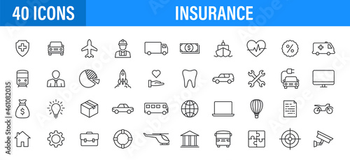Set of 24 Insurance web icons in line style. Business, health, policy, tornado, flood, help Vector illustration
