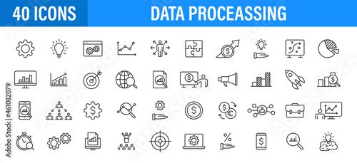 Set of 24 Data Proceassing web icons in line style. Graphic, analytics, statistic, network, diagrams, digital. Vector illustration