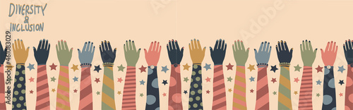 Diverse people hands horizontal seamless pattern. Diversity and inclusion. Community and support concept. Flat vector illustration. 