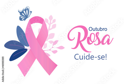 Pink October. Take care of yourself in Portuguese language. Breast cancer awareness month vector. photo