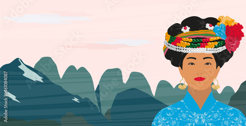 Portrait of a beautiful Mosuo women in China in a national costume on the background of a mountain landscape.Vector illustration.