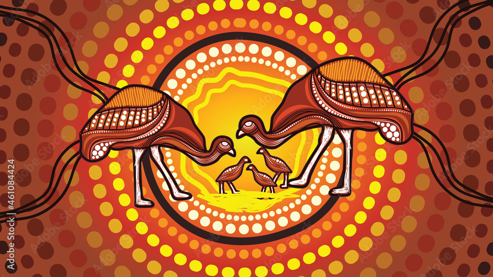 Vecteur Stock Emu And Chicks Aboriginal Dot Painting | Adobe Stock