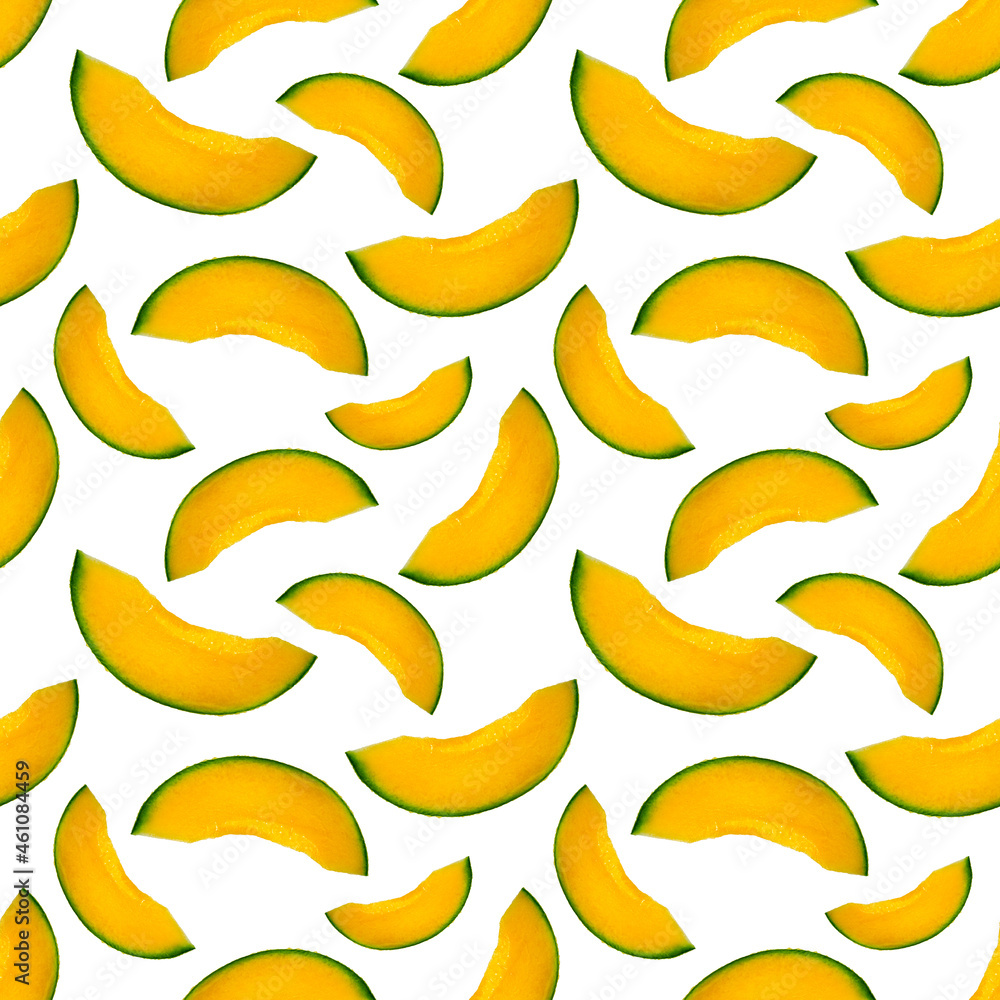 Juicy pieces of delicious melon on a white plate. Seamless patterns. Vibrant print for apparel design, textiles or printed paper packaging Juicy pieces of delicious melon on a white plate. Seamless patterns. Vibrant print for apparel design, textiles or printed paper packaging