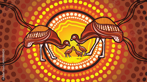 Emu And Chicks Aboriginal Dot Painting