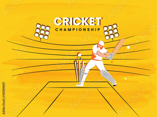 Vector Illustration Of Out Batsman Player On Yellow Watercolor Effect Stadium Background For Cricket Championship.