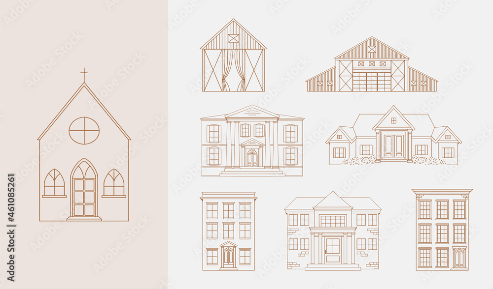 Set of hand drawn building illustrations featuring church, apartment building and more in vector. - obrazy, fototapety, plakaty 