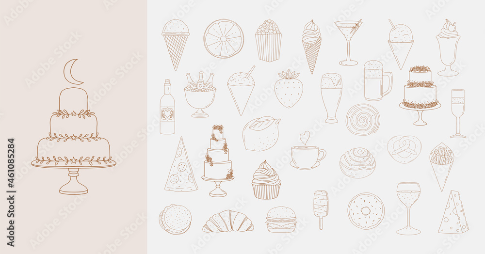 Set of hand drawn food and drink illustrations featuring cake, pizza, drinks, ice cream and more drawing. Set of hand drawn food and drink illustrations featuring cake, pizza, drinks, ice cream and more drawing.