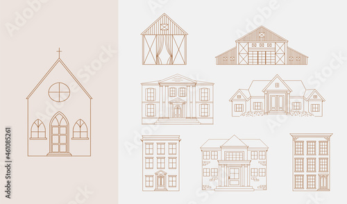 Set of hand drawn building illustrations featuring church, apartment building and more in vector.