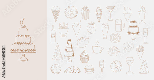 Set of hand drawn food and drink illustrations featuring cake, pizza, drinks, ice cream and more drawing.