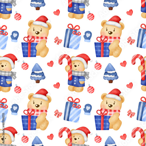 Seamless pattern with  bears and christmas decoration in watercolor style.