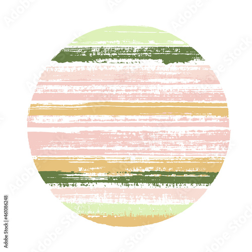 Abstract circle vector geometric shape with striped texture of ink horizontal lines. Planet concept with old paint texture. Badge round shape circle logo element with grunge background of stripes.