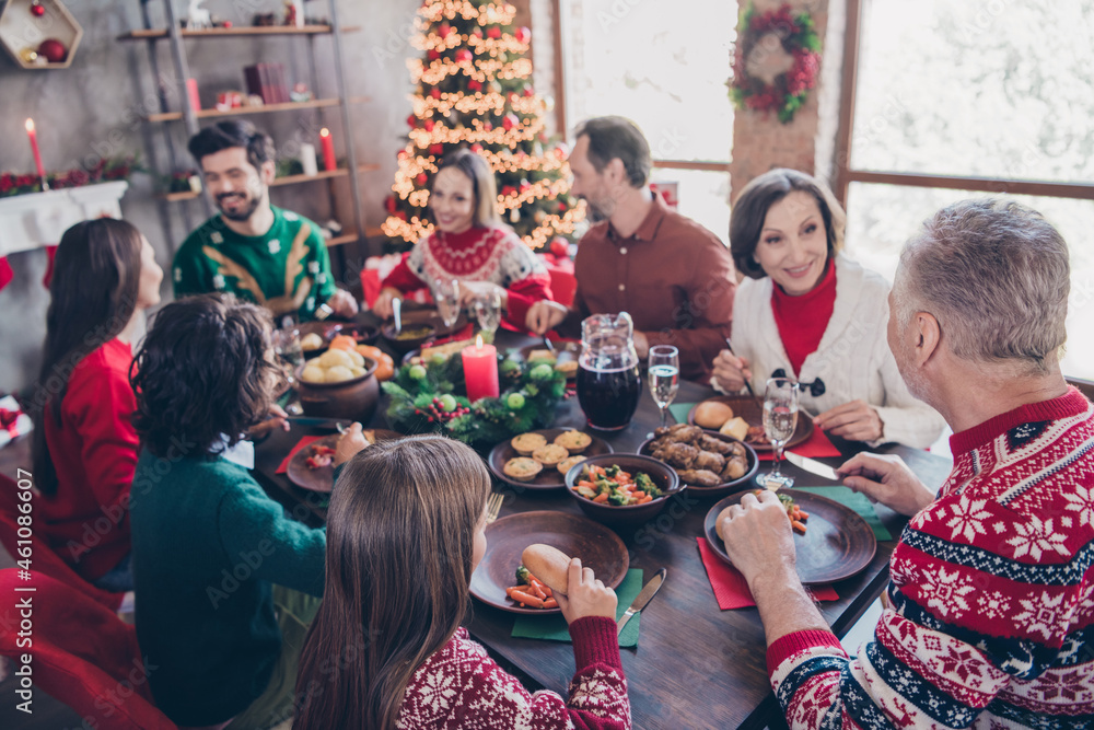 Photo portrait big family telling toast having dinner celebrating new year xmas with children near xmas tree Photo portrait big family telling toast having dinner celebrating new year xmas with children near xmas tree