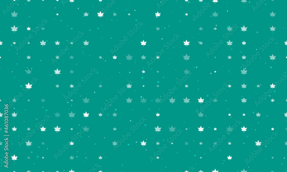 Seamless background pattern of evenly spaced white maple leafs of different sizes and opacity. Vector illustration on teal background with stars Seamless background pattern of evenly spaced white maple leafs of different sizes and opacity. Vector illustration on teal background with stars