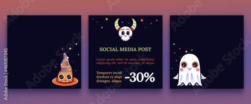 Halloween réseaux sociaux média communication carré fantôme crâne chapeau mignon sourire étincelles enfant coloré joyeux illustration