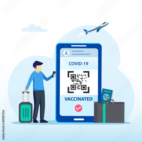 a passport and a smart phone with a certificate of vaccination against the Covid-19 disease. Health Passport concept. travel the world. Flat vector template Style Suitable for Web Landing Page.