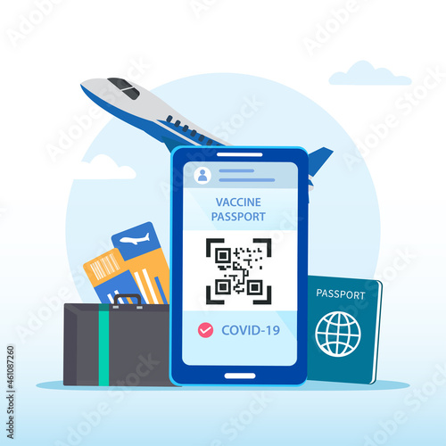 a passport and a smart phone with a certificate of vaccination against the Covid-19 disease. Health Passport concept. travel the world. Flat vector template Style Suitable for Web Landing Page.
